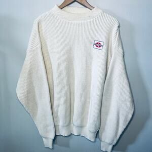 McBriar VTG 90s Blue Streak Sweater Men Pullover Cream Ribbed Knit Cotton L